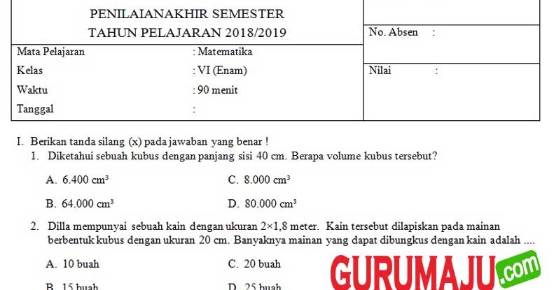 Soal UAS PAS MTK Kelas 6 Semester 2 Kurikulum 2013 Revisi 2018 - Klak