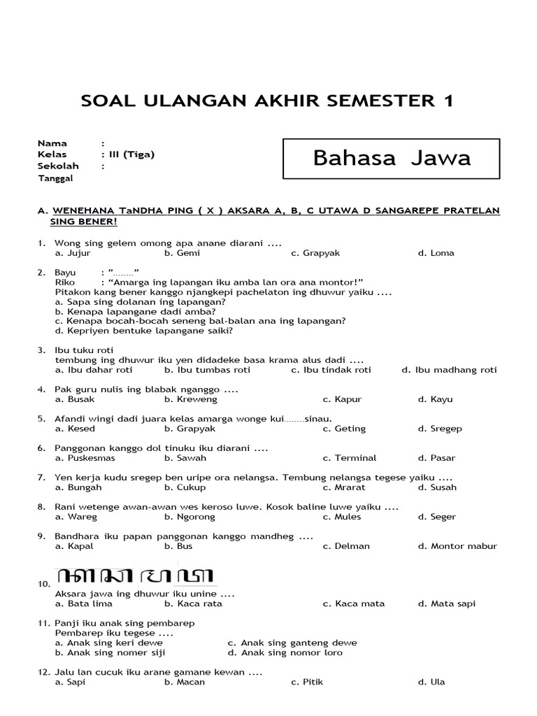 3 Rahasia Sukses UKK Bahasa Jawa Kelas 3 Semester 2: Download Soal B Jawa Kelas 3 UKK Smester 2 Sekarang