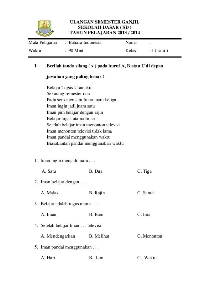 Menguasai Bahasa Indonesia Kelas 3 SD Semester 2 Ganjil Kumpulan Soal