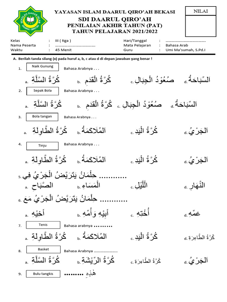 5 Contoh Soal UTS Bahasa Arab Kelas 3 MI Semester 2 Ternyata Bisa Bikin Nilai Anak Naik Drastis