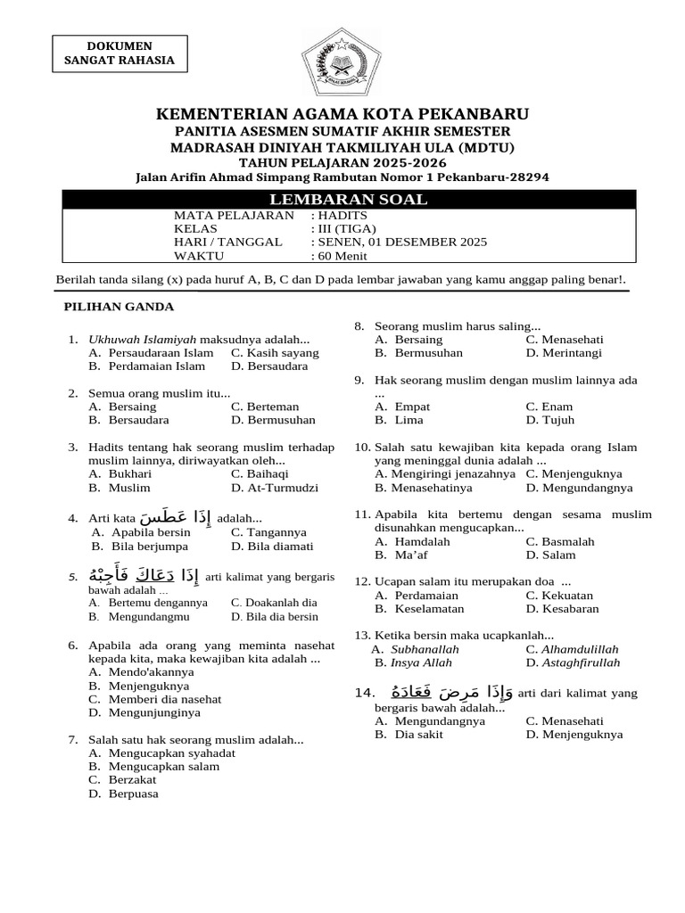 Soal Hadits Kelas 3 MDTU 2025-2026 PDF