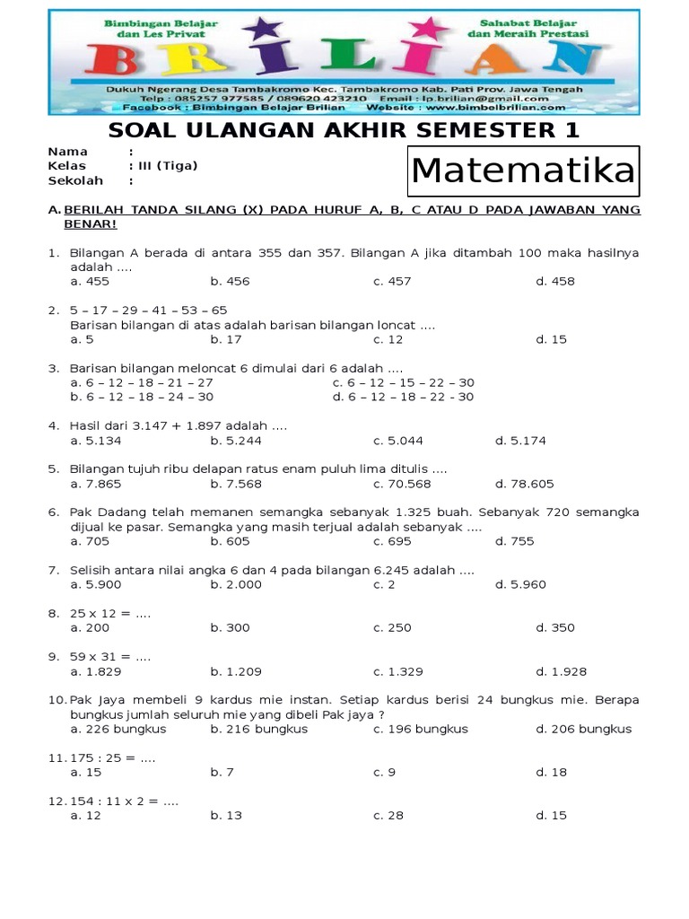 15 Contoh Soal Ulangan Harian Matematika Kelas 3 Semester 1 Terbaru Lengkap dengan Kunci Jawaban