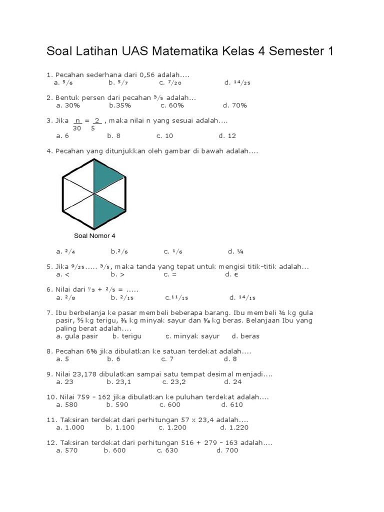Soal UAS Matematika Kelas 4 Semester 1 PDF Soal UAS Matematika Kelas 4 Semester 1 PDF