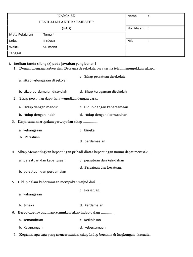 Soal PAS Kelas 2 Tema 4 Kebersihan PDF
