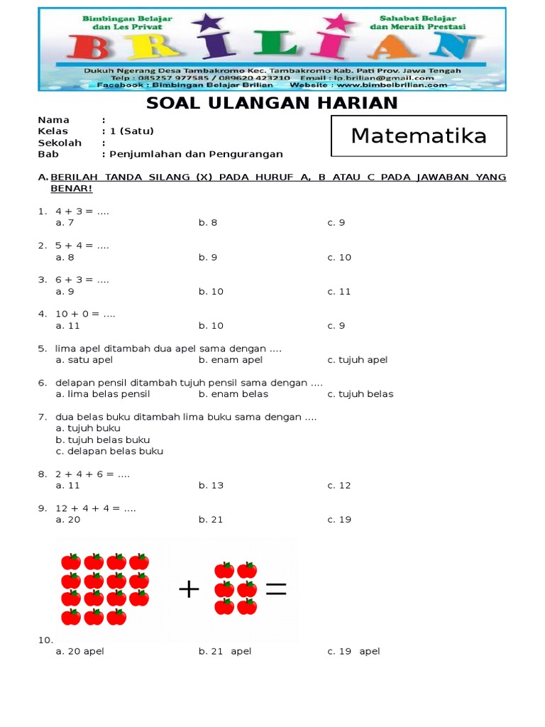 Contoh Soal Ulangan Harian Matematika untuk Kelas 1 MI Ternyata Semudah Ini Jika Tahu Triknya
