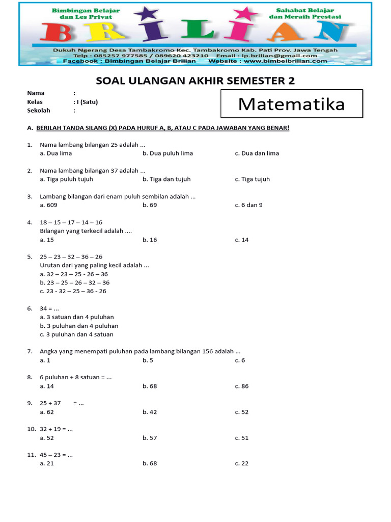 Contoh soal ujian uas matetatika semester 2 kelas 1 sd 20 soal perkalian pecahan jawabannya