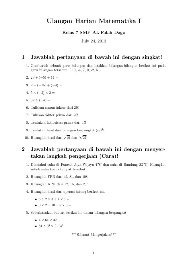 Rahasia Nilai: 7 Contoh Soal Ulangan Harian Matematika Kelas 7 Bab 1 Wajib Diketahui 2026