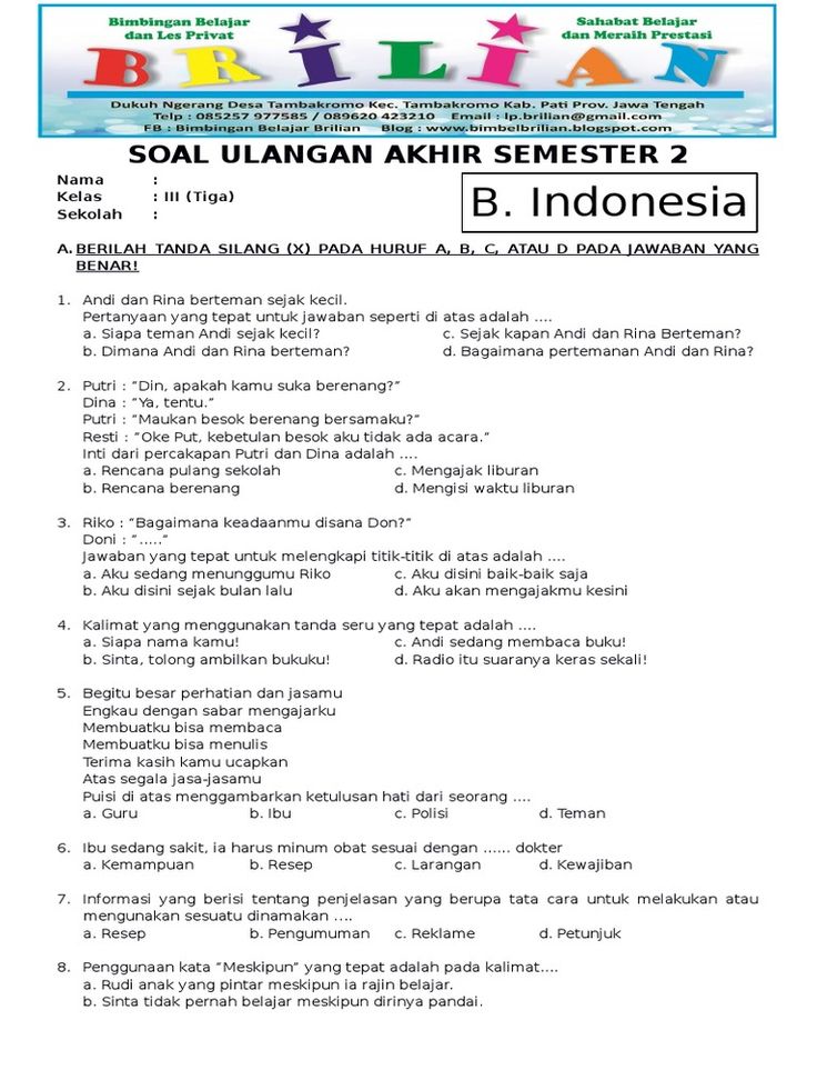 Soal Kelas 3 SD Semester 2 dan Kunci Jawaban Indonesian language test