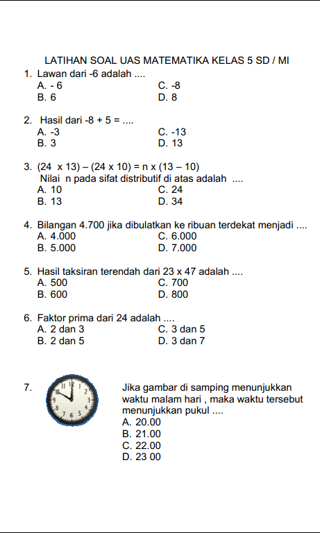 contoh soal ulangan harian matematika kelas 5 sd semester 1