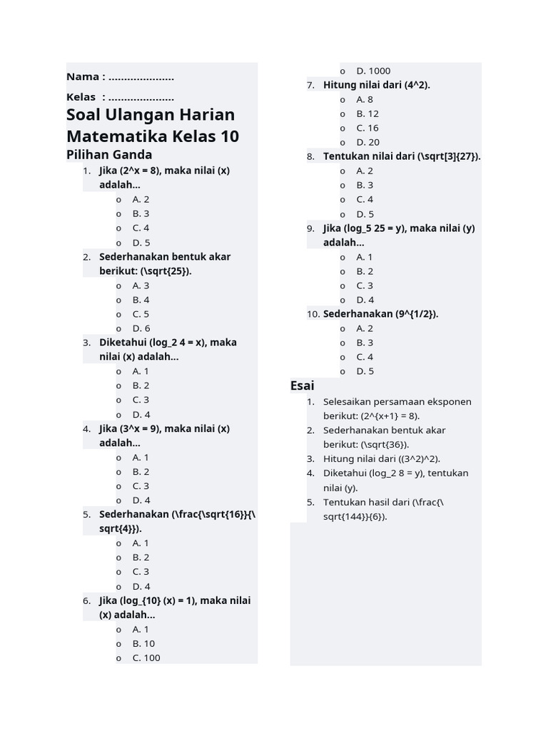 contoh soal ulangan harian matematika kelas x semester 1