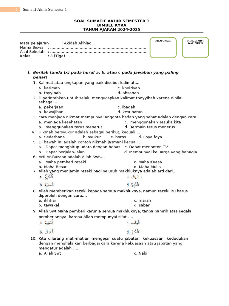 Soal Akidah Akhlaq Kelas 3 2024-2025 PDF