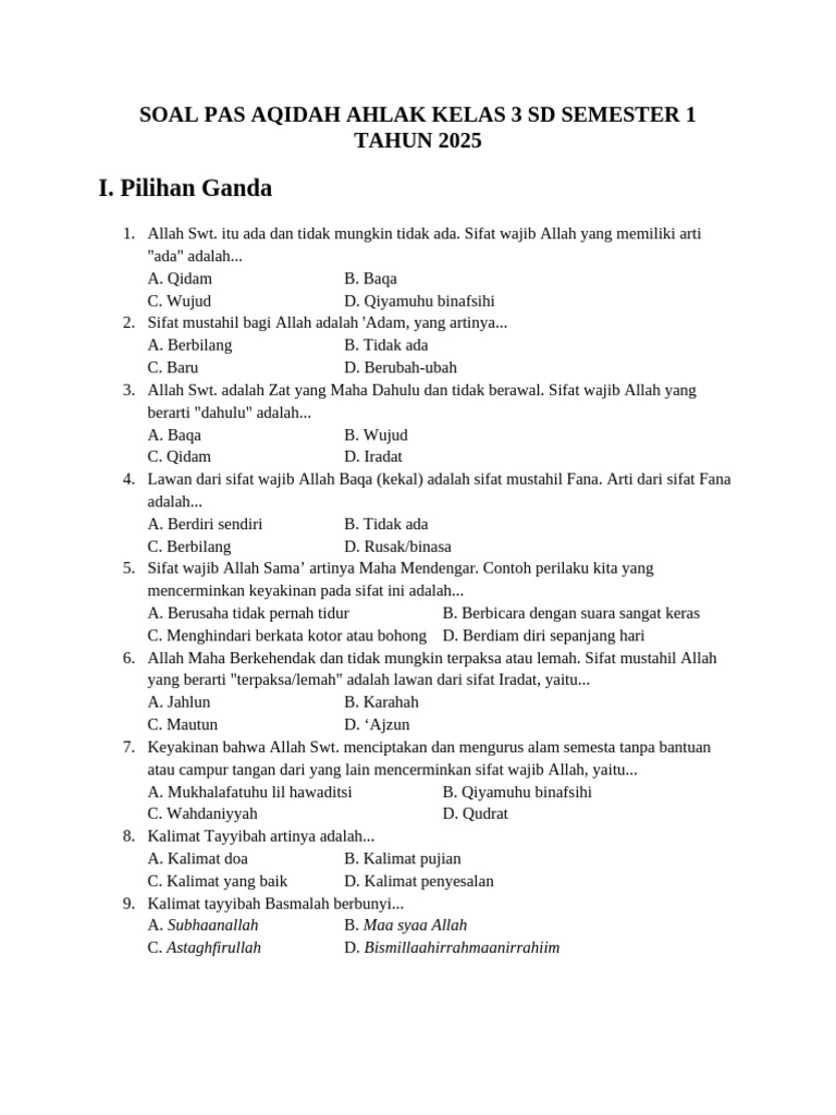 download soal aqidah akhlak semester 1 kelas 3
