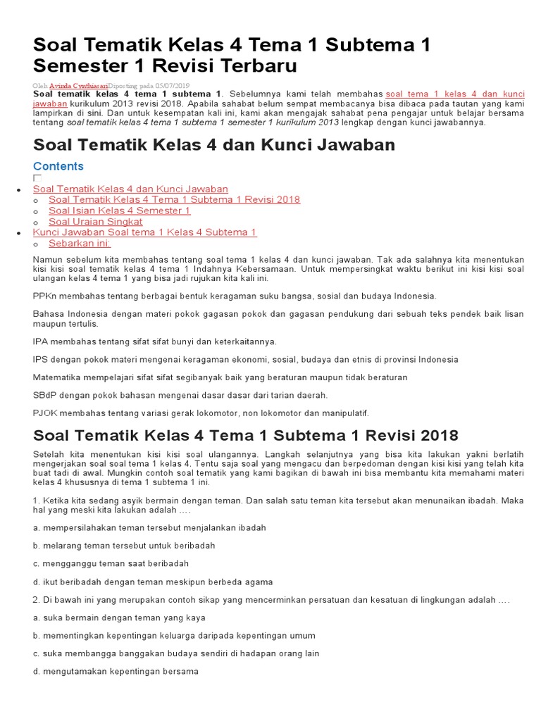 7 Contoh Soal Tematik Kelas 4 Semester 1 Bikin Siswa Siap PTS, Rahasia Guru Ungkap