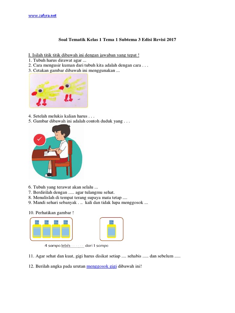 Soal Tematik Kelas 1 Tema 1 Subtema 3 Edisi Revisi 2017 PDF PDF
