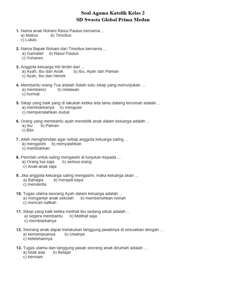 Rahasia Skor Sempurna Kerjakan Soal Agama Katolik Kelas 2 SD Kurikulum 2013 Ini