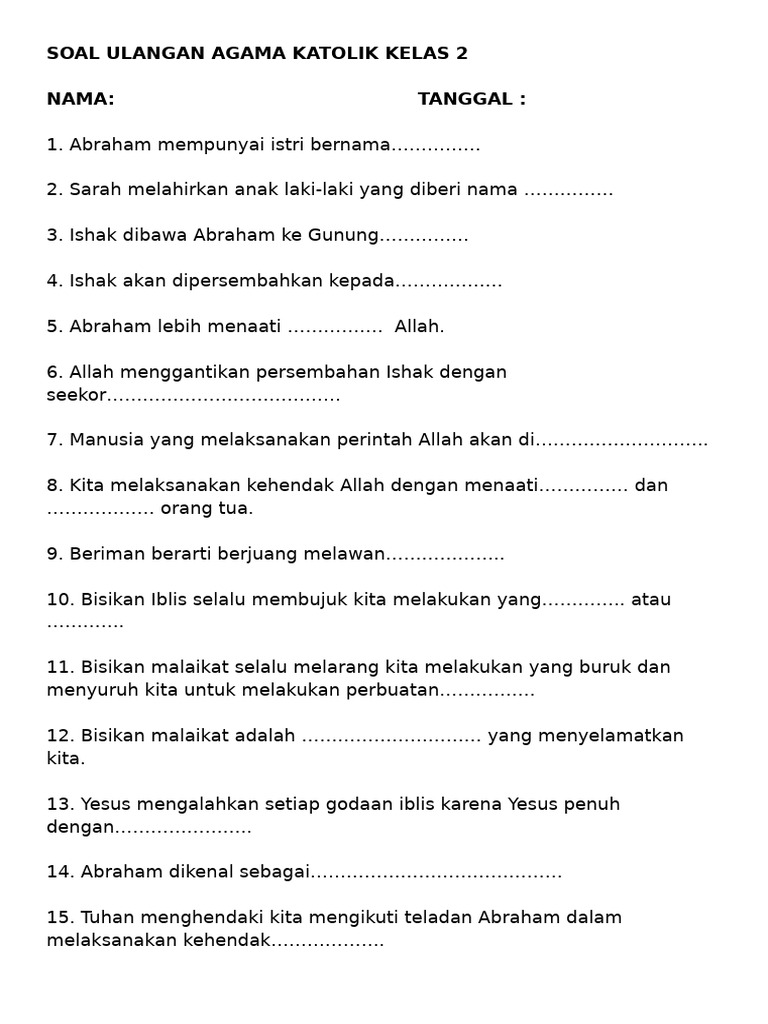 Wajib Tahu 7 Bocoran Soal Agama Katolik Kelas 2 SD Tema Terbaru Agar Nilai Sempurna
