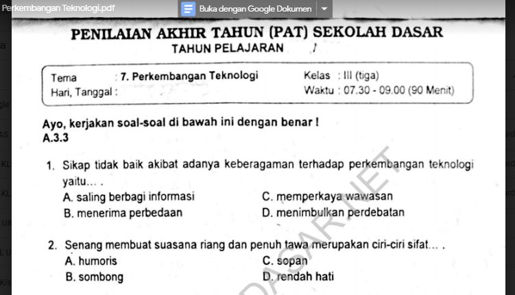 Wajib Tahu Contoh Soal Tematik 7 Kelas 3 Teknologi dan Perubahan Brilliant Terbaru
