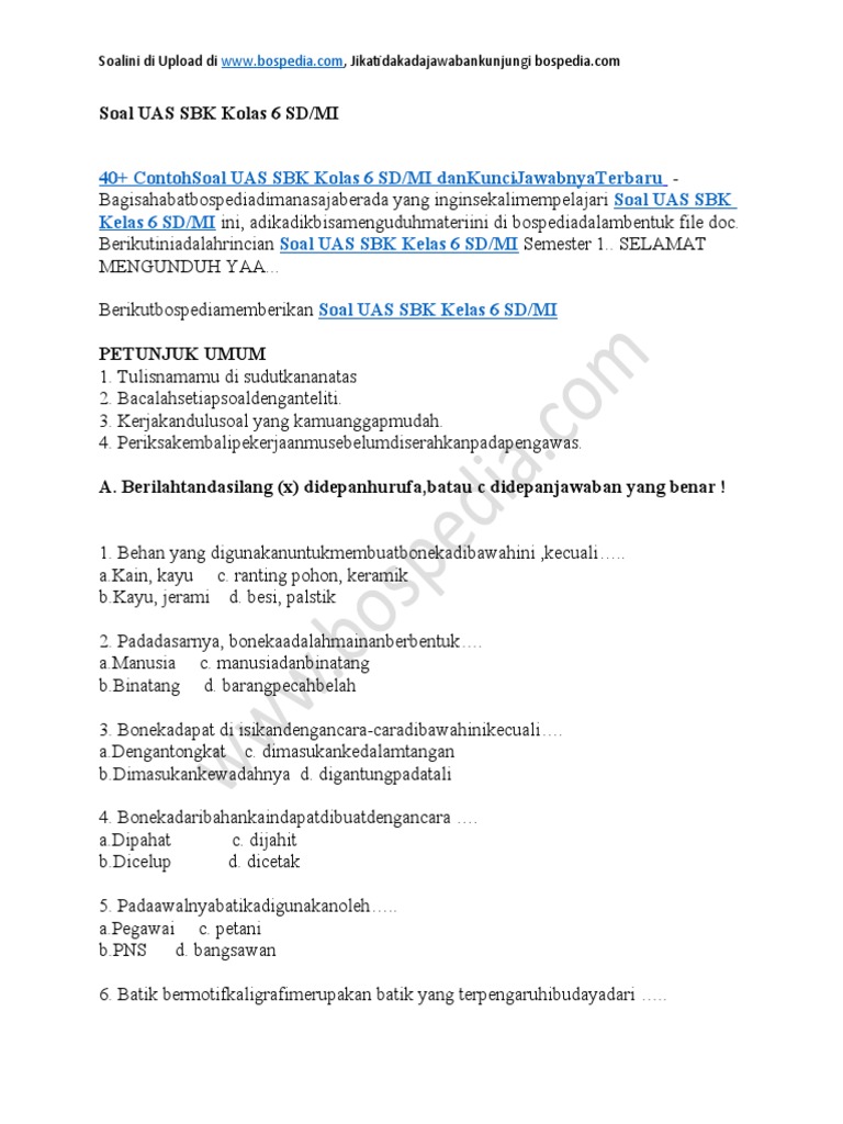 Wajib Tahu Kumpulan Soal UTS SBK Kelas 6 SD Semester 2 2018 Agar Nilai Kamu Sempurna