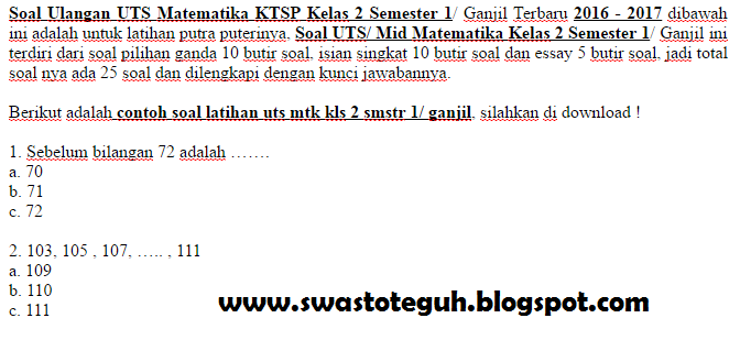Wajib Tahu! Kumpulan Soal UTS SD Kelas 2 Semester 1 KTSP Terlengkap untuk Persiapan Ujian